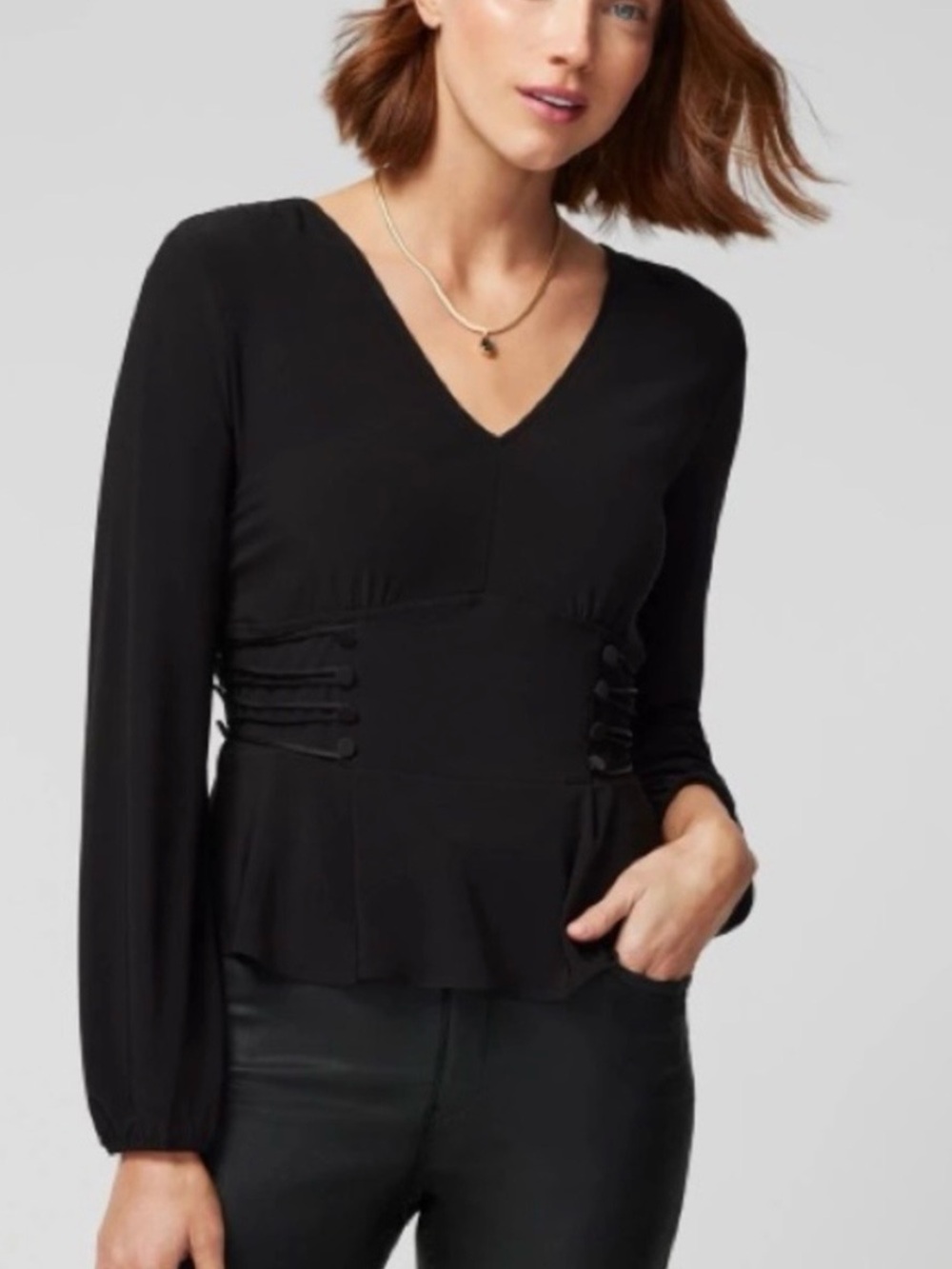 White House Black Market Black V-Neck Long-Sleeve Top - Picture 2 of 5